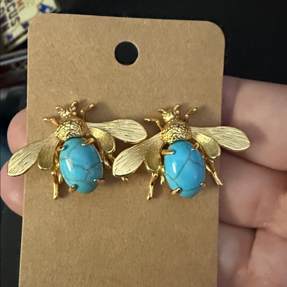 New Bee Earrings either Faux Turquoise Blue “Jelly Belly” Oval Cabochons - Picture 2 of 4